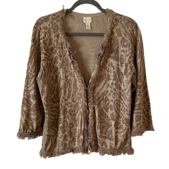 Chico's Size 2 / L / 12 Foiled Animal Print Fringe Cardigan Neutral Linen Blend - Picture 1 of 14